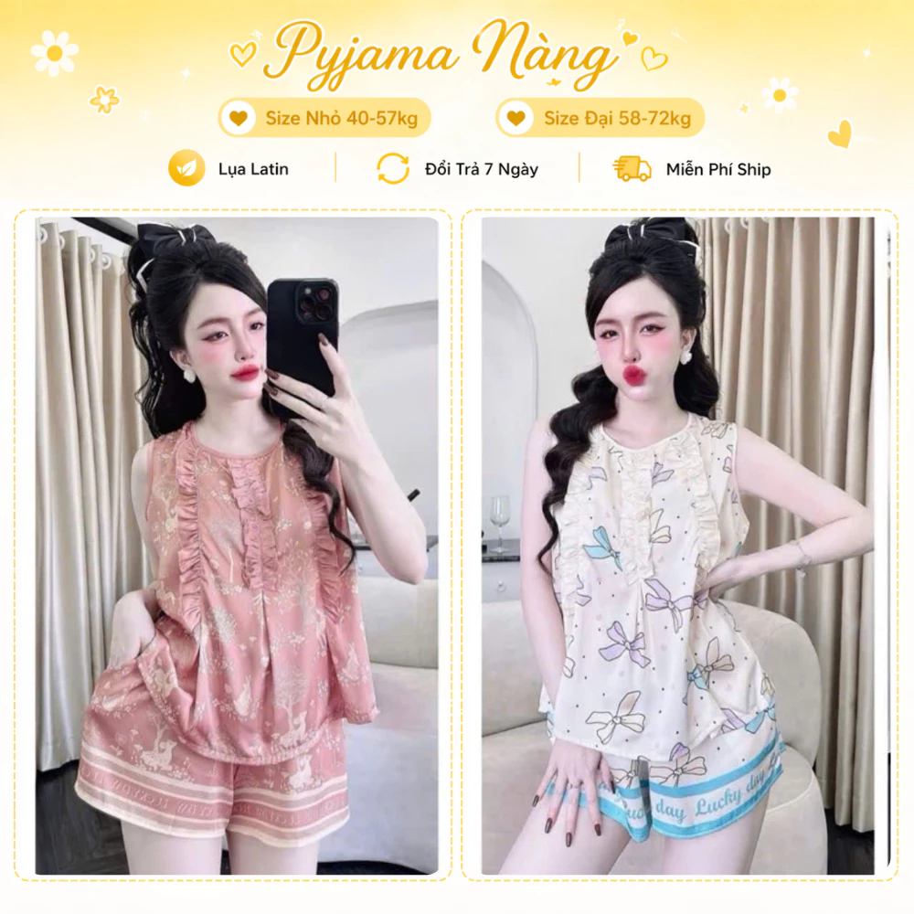 Set Cute Sát Nách G2 - Đồ Bộ Ở Nhà Xinh Lụa Latin Áo Dây Quần Bèo Dễ Thương Mặc Nhà Size 40-75kg