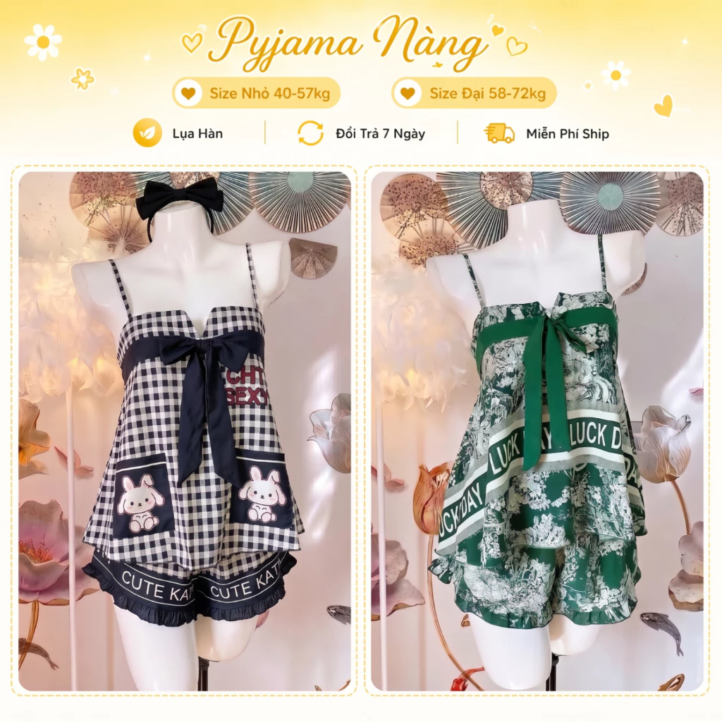 Bộ Cute 2 Dây Lụa Hàn L6 - Set Ở Nhà Xinh Dễ Thương Trẻ Trung Mặc Nhà Chụp Ảnh Size 40-75kg