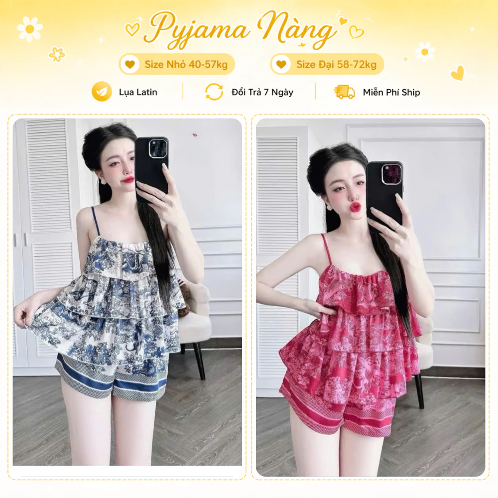 Bộ Cute 2 Dây Lụa Latin X1 - Set Ở Nhà Xinh Mặc Nhà Mùa Hè Dễ Thương Tôn Da Size 40-72kg