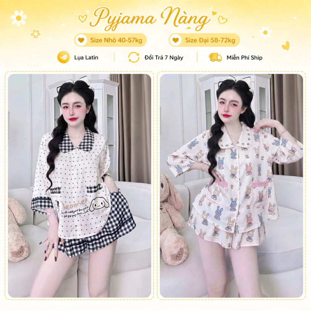Bộ Cute Tay Lỡ Hai Túi Q9 - Set Ở Nhà Xinh Lụa Latin Mát Mịn Họa Tiết Hoa Nhí Dễ Thương Size 40-70kg