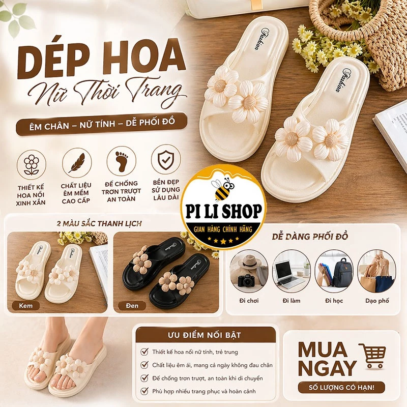 Dép Lê Nữ Đế Bệt Dây Đan Chéo Gắn 2 Bông Hoa Cúc Xinh, Dép Quai Chéo Nữ Êm Chân Đế Chống Trơn Trượt