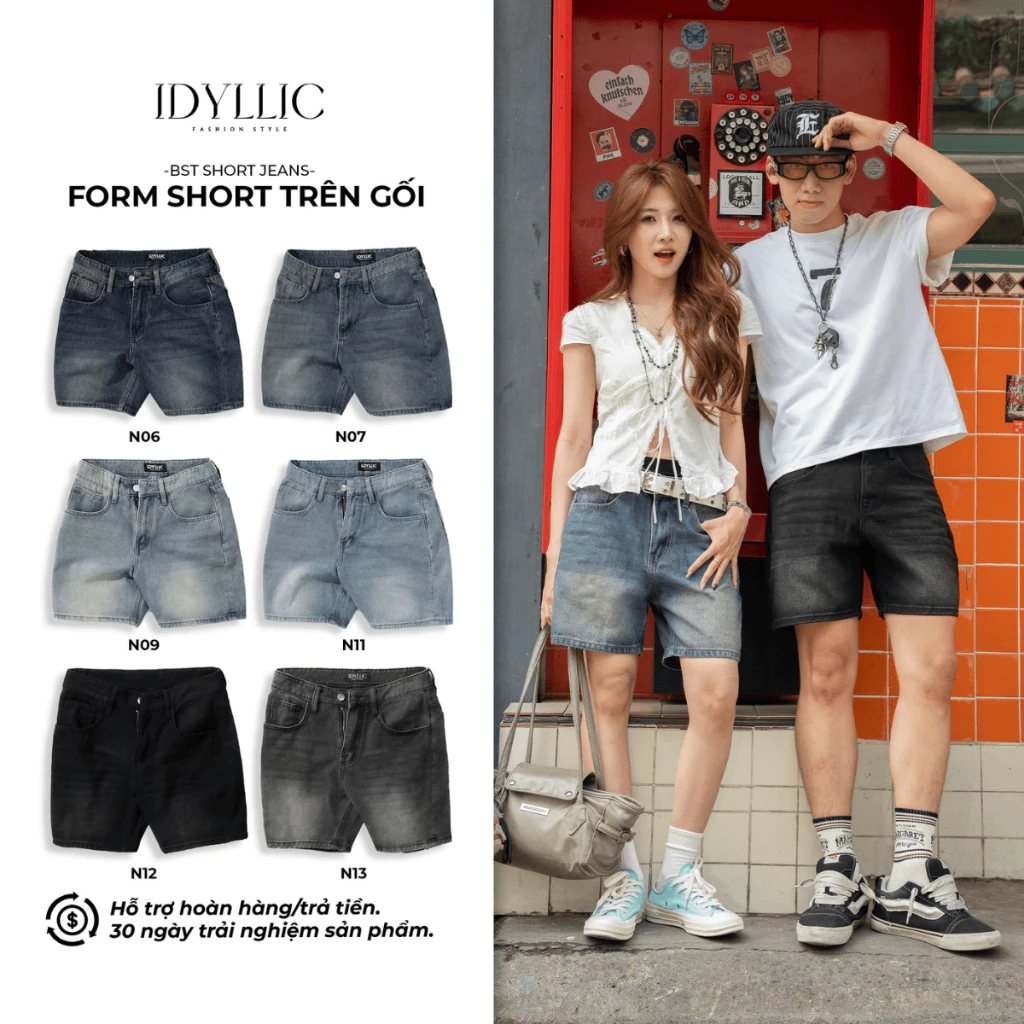 Quần Short Jean Nam Nữ Trên Gối Unisex Form Rộng Ống Suông Phong Cách Hàn Quốc IDYLLIC Studio