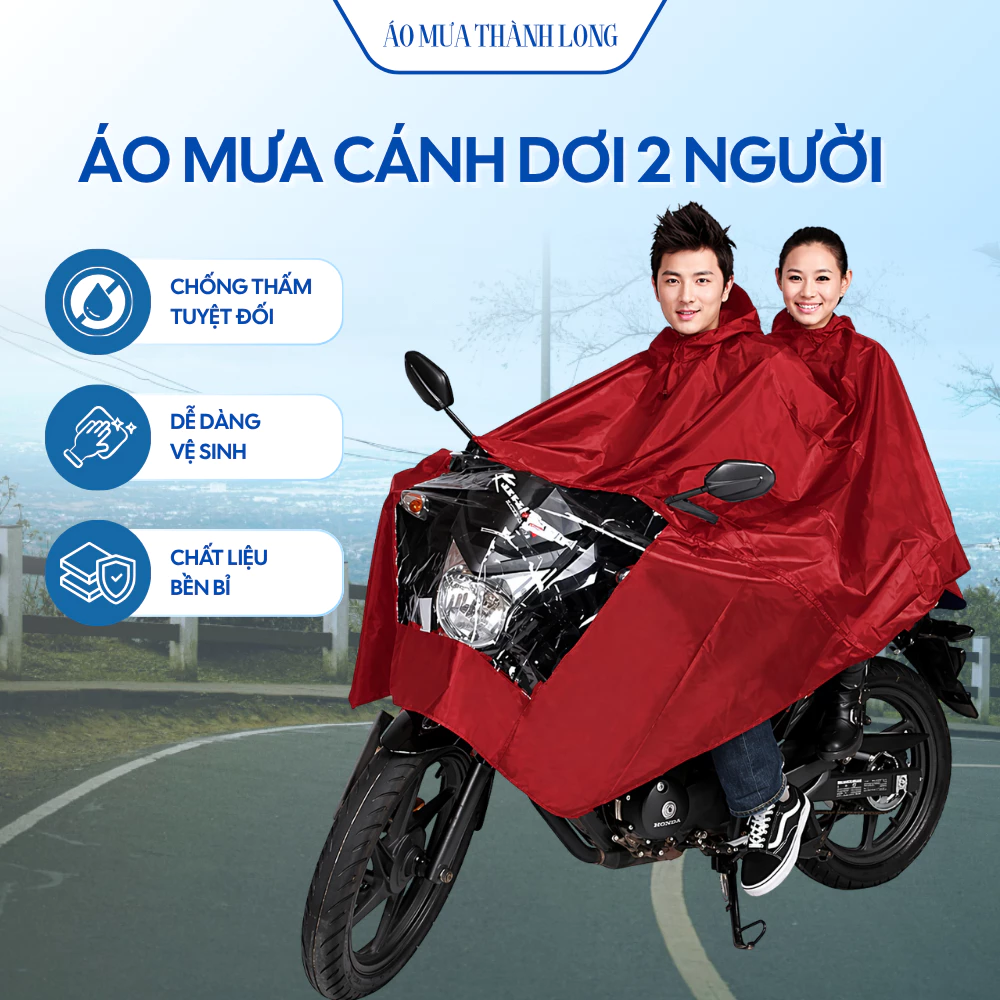 Áo mưa cánh dơi 2 mũ vải dù phủ PVC chống thấm siêu nhẹ dùng đi xe máy màu trơn rộng