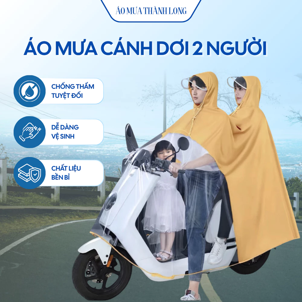 Áo mưa cánh dơi 2 người đi xe máy có kính chắn trong suốt chất liệu PVC dày chống nước