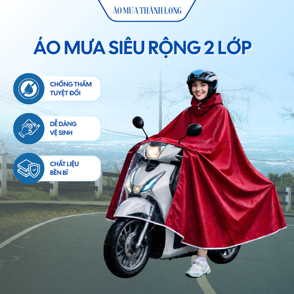 Áo mưa siêu rộng 2 lớp cho xe máy vải da cá chống nước che kín xe free size nam nữ