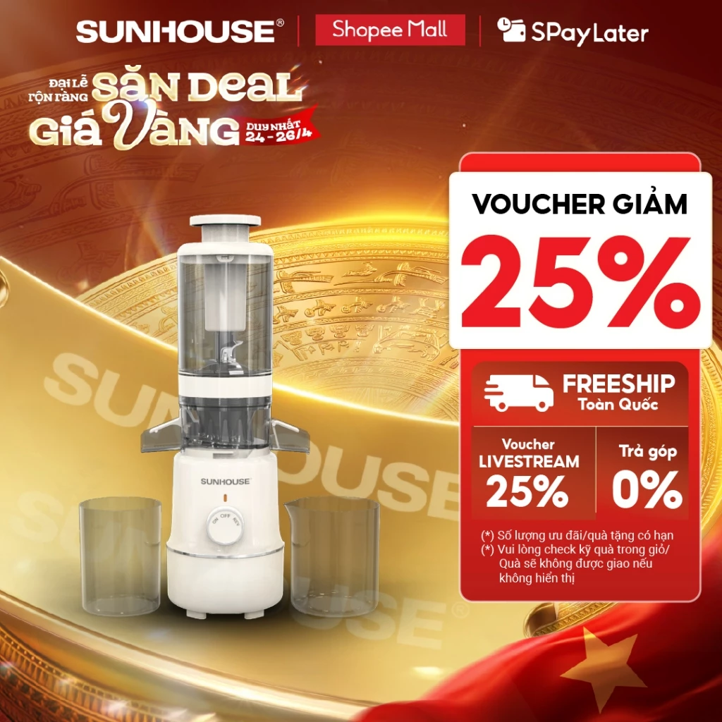 Máy ép chậm Sunhouse SHD5515 - Dung tích 600ml - Làm được kem, lưỡi cắt vượt trội - Ống tiếp nguyên liệu lớn 108mm