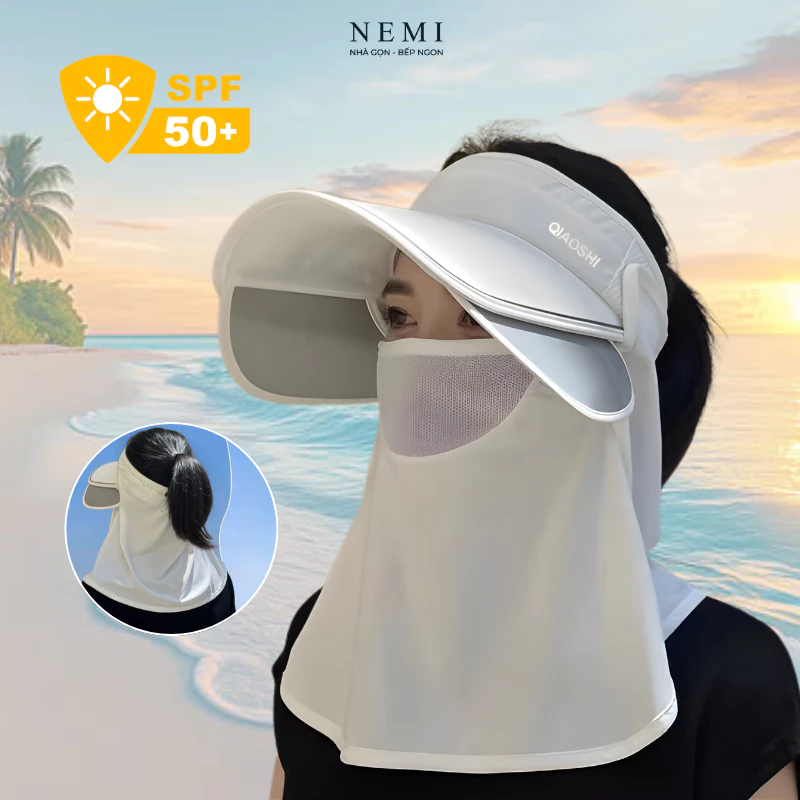 Mũ Chống Nắng Chống Tia UV Kèm Khẩu Trang Che Cổ Có Thể Tháo Rời Thoáng Khí, Chỉnh Độ Rộng Vành Mũ, Chống Bụi Hiệu Quả