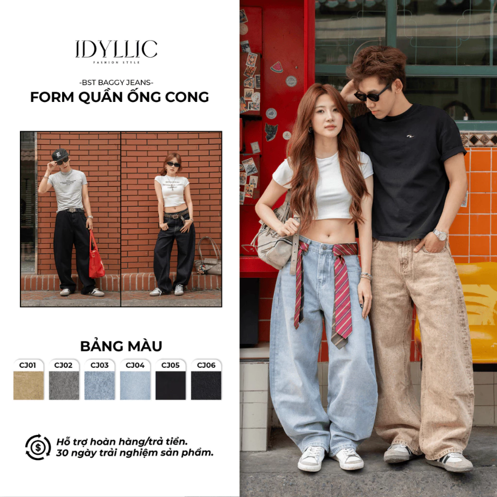Quần Jean Ống Cong Nam Nữ Che Khuyết Điểm Denim Đứng Form Wash Vintage Quần Form Rộng Unisex IDYLLIC