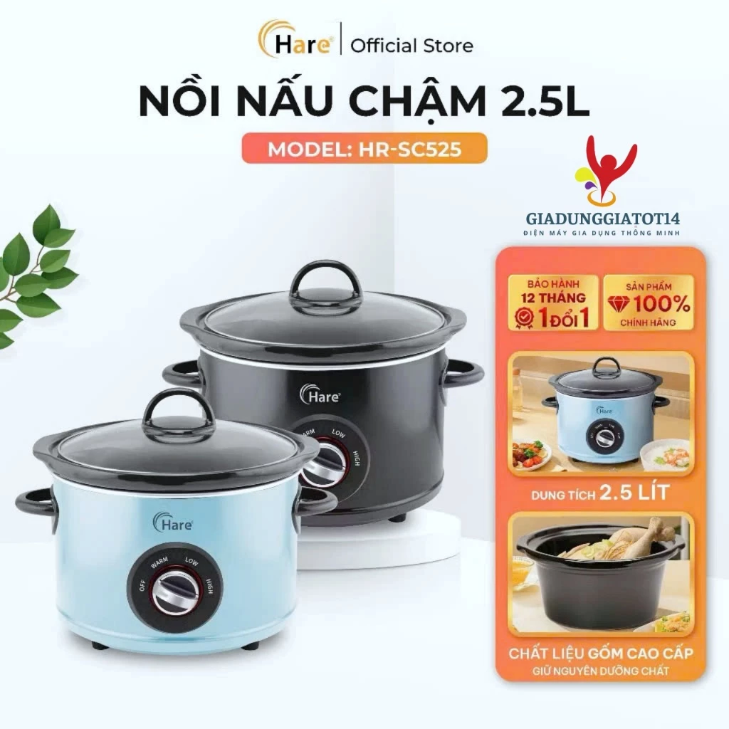 [CHÍNH HÃNG] Nồi Nấu Chậm HARE HR-SC525 - Nồi Nấu Cháo Ăn Dặm Cho Bé, Ninh Hầm Cách Thủy Lòng Gốm Ceramic Cao Cấp