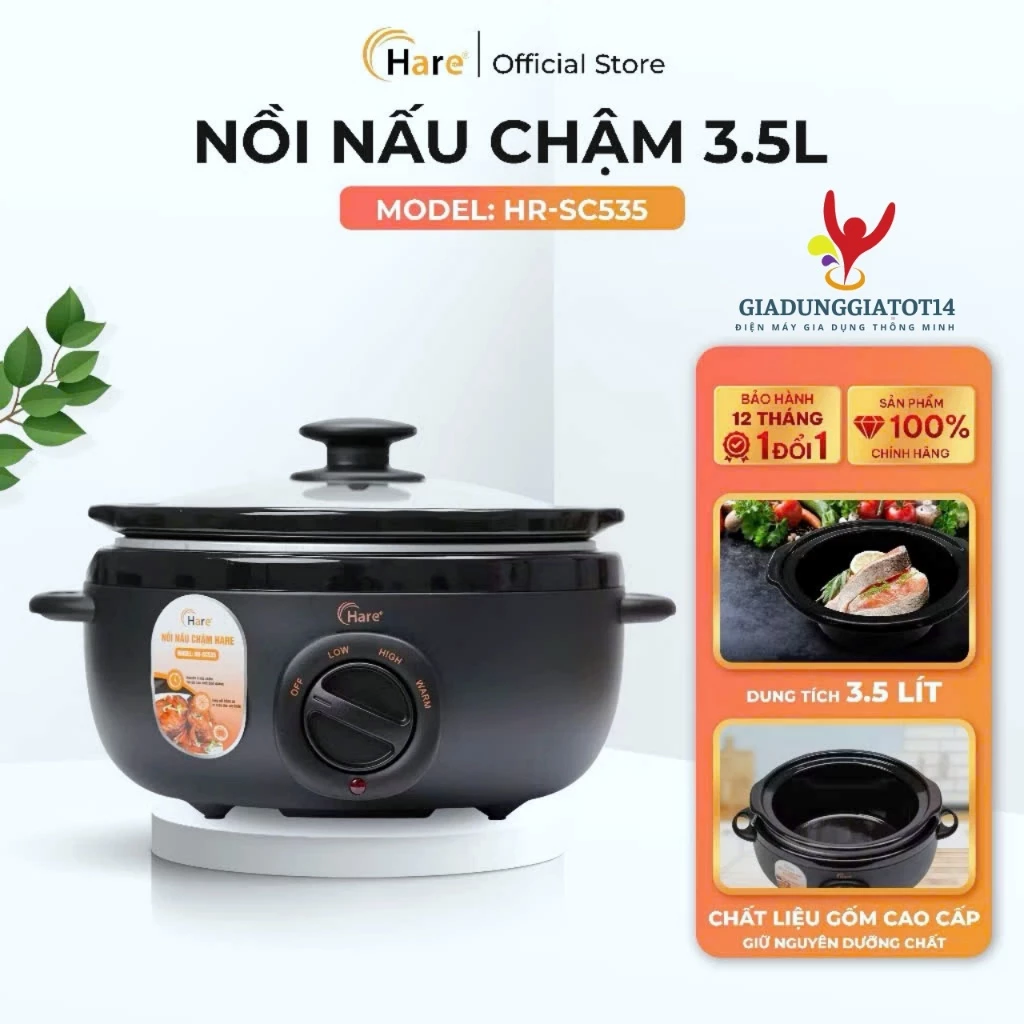 Nồi nấu chậm HARE HR-SC535 / HR-SC525 - Nồi nấu cháo cho bé, ninh hầm cách thủy, lòng gốm sứ cao cấp (Chính hãng)