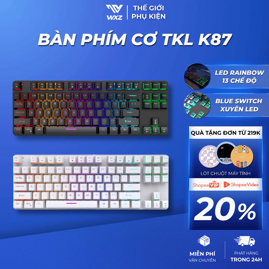 Bàn Phím Cơ K87 Pro Gaming LED Rainbow 13 Chế Độ Blue Switch Gõ Mượt Keycap ABS Xuyên LED Chống Nước
