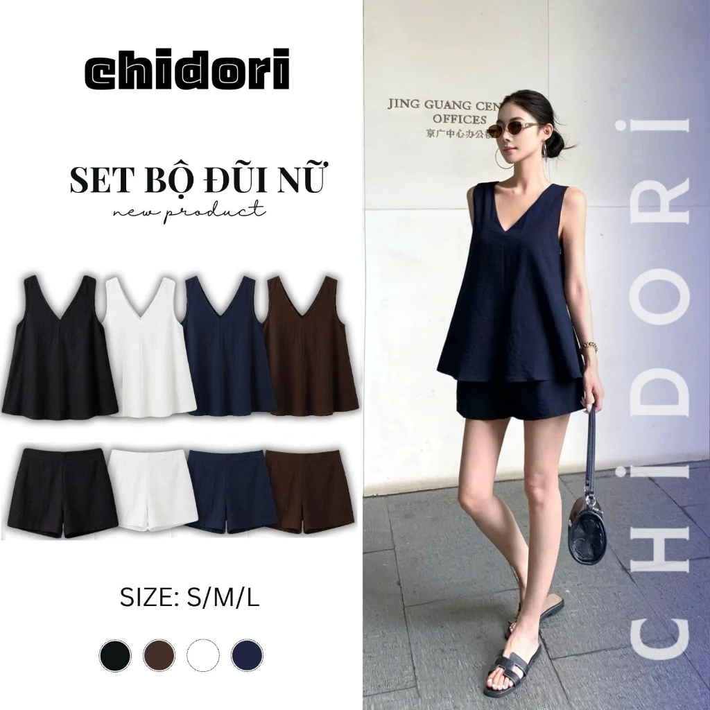 CHIDORI (BST Mùa Hè) Set Line Xước Cổ Chữ V Xẻ Tà Sau Lưng Kèm Quần Short Cạp Chun Basic