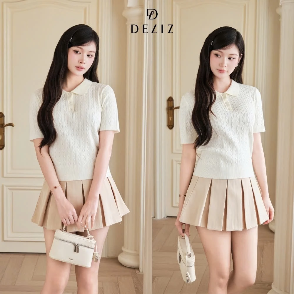 Áo len cộc tay nữ cổ polo dệt vặn thừng chất len lông thỏ cao cấp phong cách basic DELIZ PL302 300G