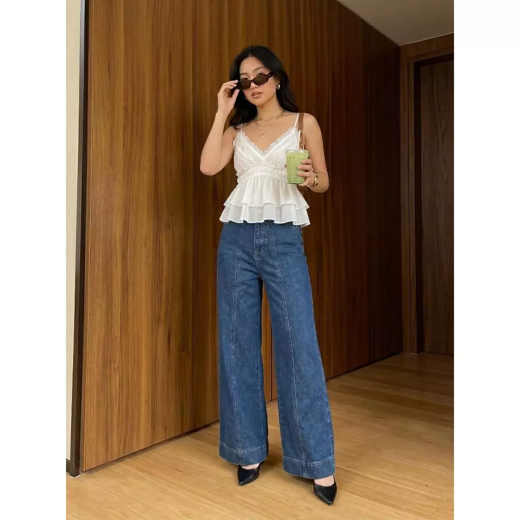 Quần bò Jean nữ ống rộng xuông form rộng cạp cao phong cách trẻ trung năng động cao cấp