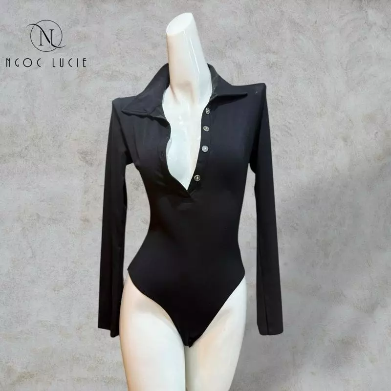 A214 - Áo Body Suit Tay Dài Cổ Sơ Mi Đính Nút Chất Vải Bozip Phong Cách Đơn Giản, Tôn Dáng - Ngọc Lucie