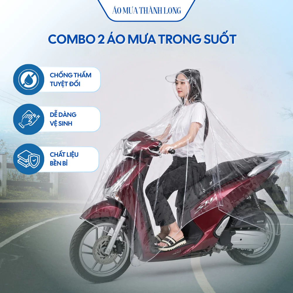 Combo 2 áo mưa trong suốt nhựa dẻo cao cấp kèm khẩu trang không mùi chống nước size 140x150cm