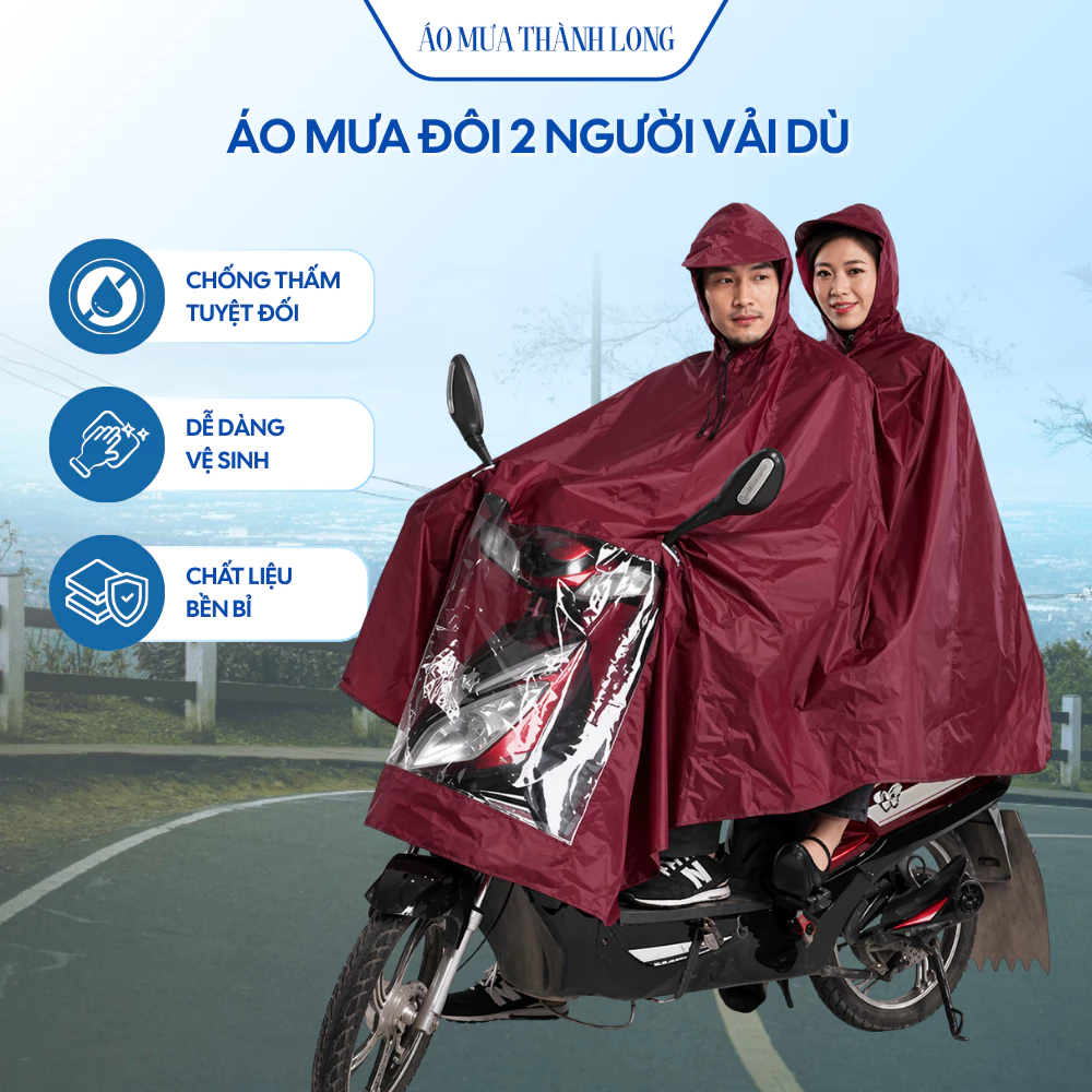 Áo mưa đôi 2 người vải dù chống nước siêu nhẹ có kính trong lỗ xỏ gương đi xe máy 143x160cm