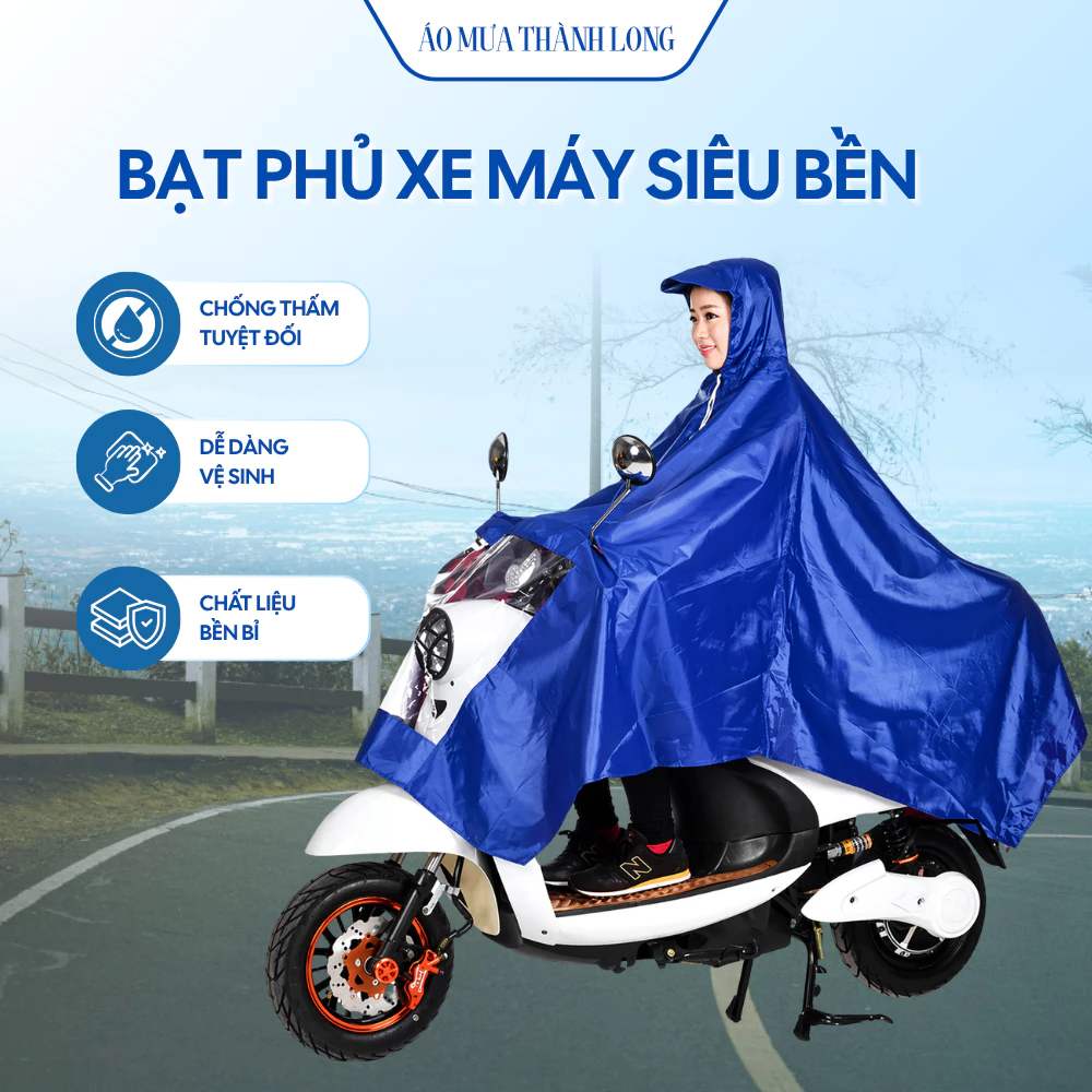 Áo mưa vải dù siêu nhẹ chống nước 2 lớp có kính trong lỗ xỏ gương dùng đi xe máy size 140x155cm