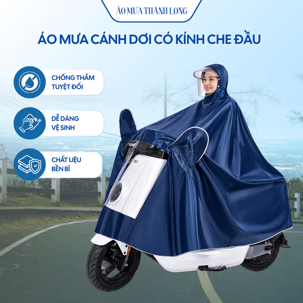 Áo mưa cánh dơi 2 đầu phản quang có kính che mặt bằng nhựa PVC dày chống nước tiện dụng