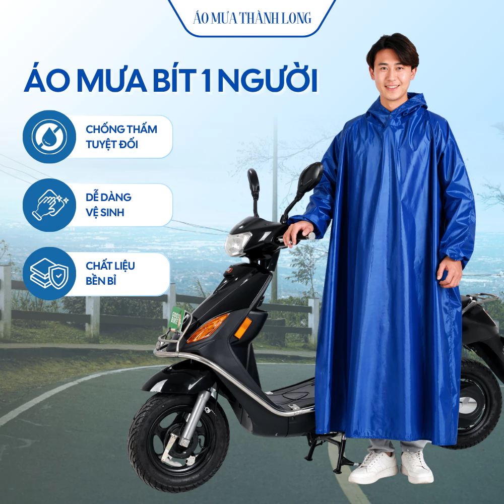 Áo mưa bít 1 người vải dù bông chống thấm nhẹ mềm có túi đựng dài tay bo chống nước
