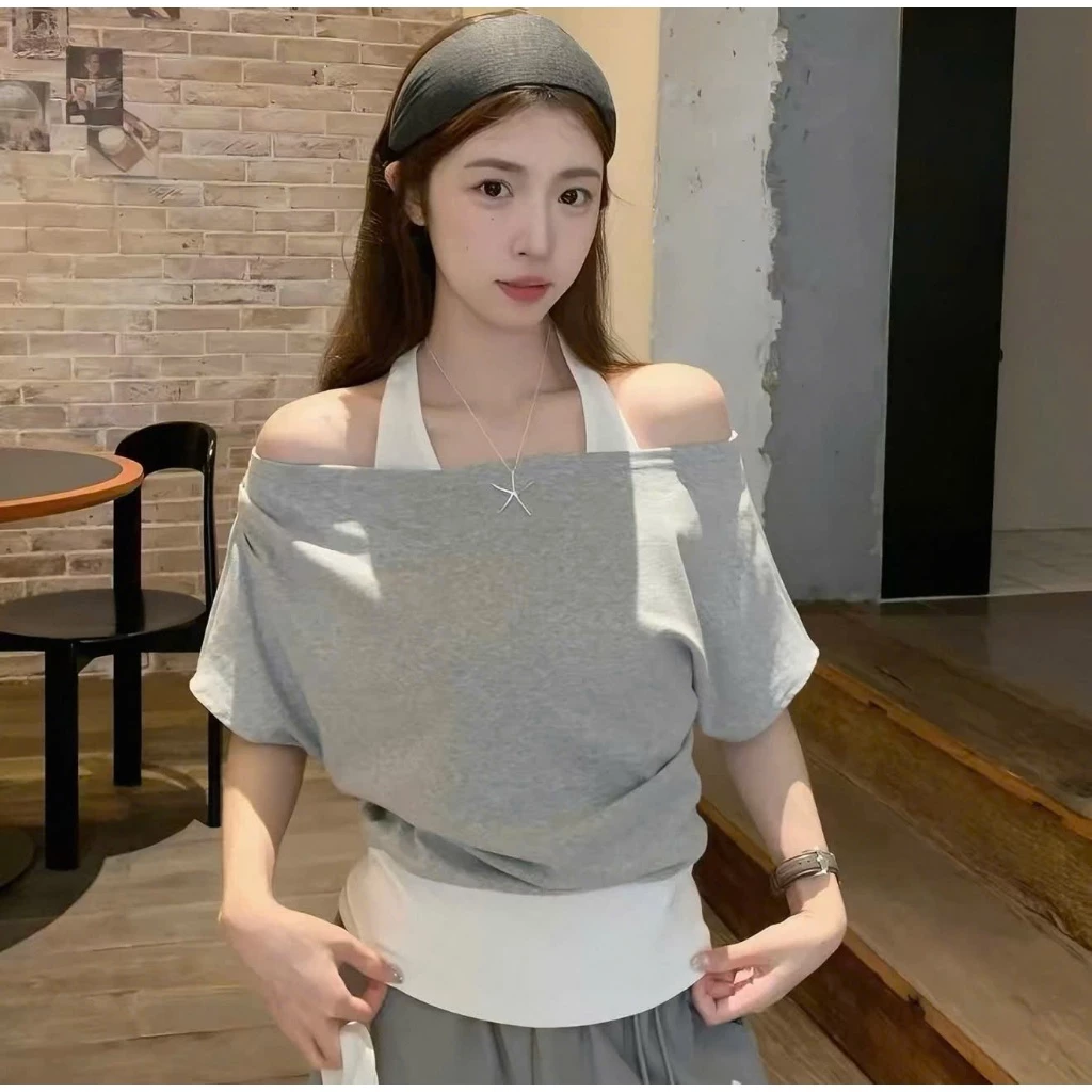Áo Thun Nữ Trễ Vai Tay Ngắn Cotton Co Giãn Mềm Mịn,Áo Kiểu Mix Yếm Cánh Dơi Gợi Cảm Thời Trang