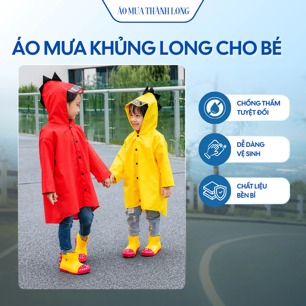 Áo mưa khủng long cho bé vải dù 2 lớp chống nước 100% kiểu dáng dễ thương rộng rãi tiện dụng