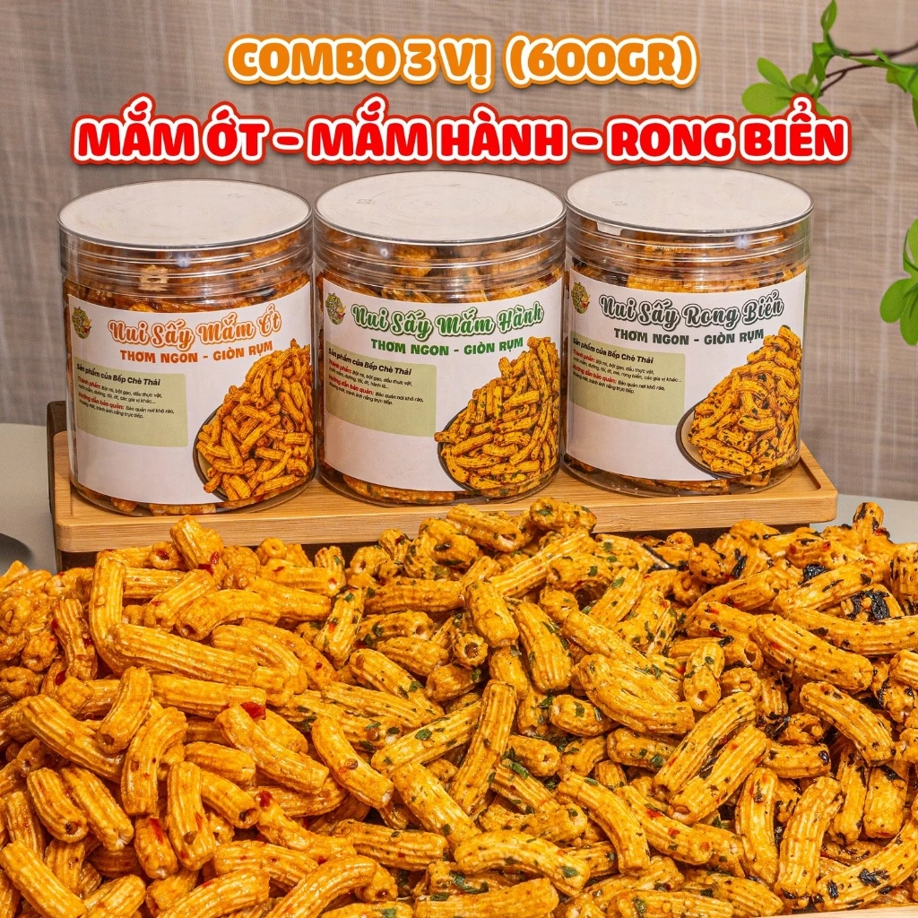 Combo 3 hũ 600gr Nui Sấy Tẩm Vị (200gr Vị Mắm Ớt & 200gr Vị Mắm Hành & 200gr Vị Rong Biển) - giòn rụm-cay nhẹ-đồ ăn vặt