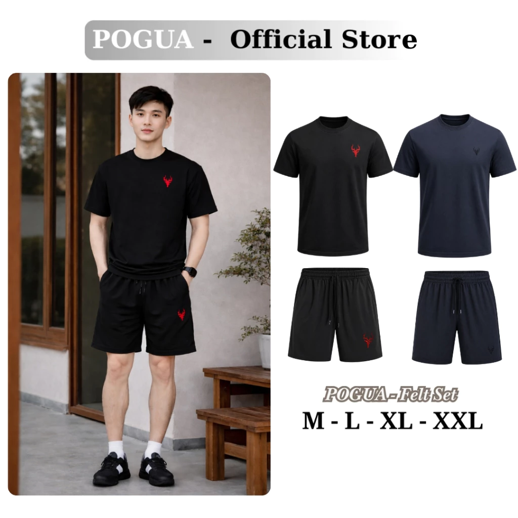 Bộ quần áo nam chất thun trơn POLY cổ áo bo tròn, thêu logo hươu phong cách đơn giản trẻ trung, dày dặn mát mẻ
