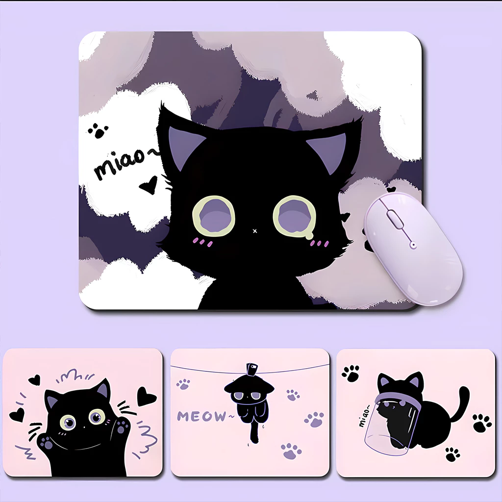 Lót Chuột Mèo Đen Dễ Thương – Mousepad Cute Pastel, Họa Tiết Meow, Bề Mặt Mịn Chống Trượt