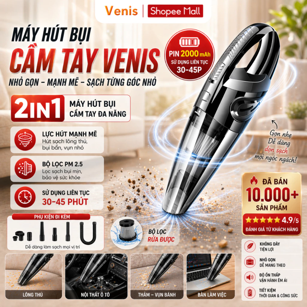 Máy Hút Bụi Cầm Tay Mini 120W, Pin Sạc Tích Điện Cao Cấp Cực Mạnh, Bảo Hành Chính Hãng
