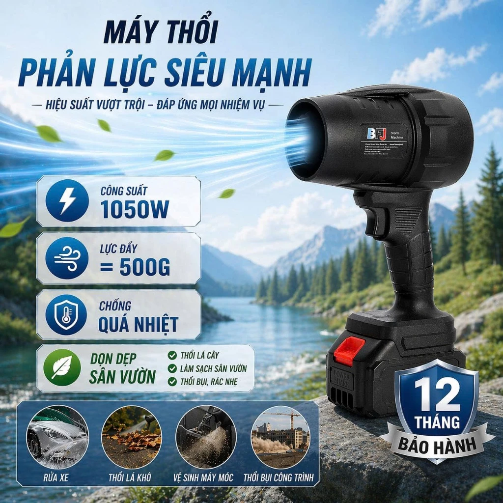 Máy Thổi Phản Lực Siêu Mạnh Công Suất 1050W, Thổi Bụi Lá Cây Cực Nhanh, Hoạt Động Mạnh Mẽ, Bảo Vệ Quá Nhiệt An Toàn