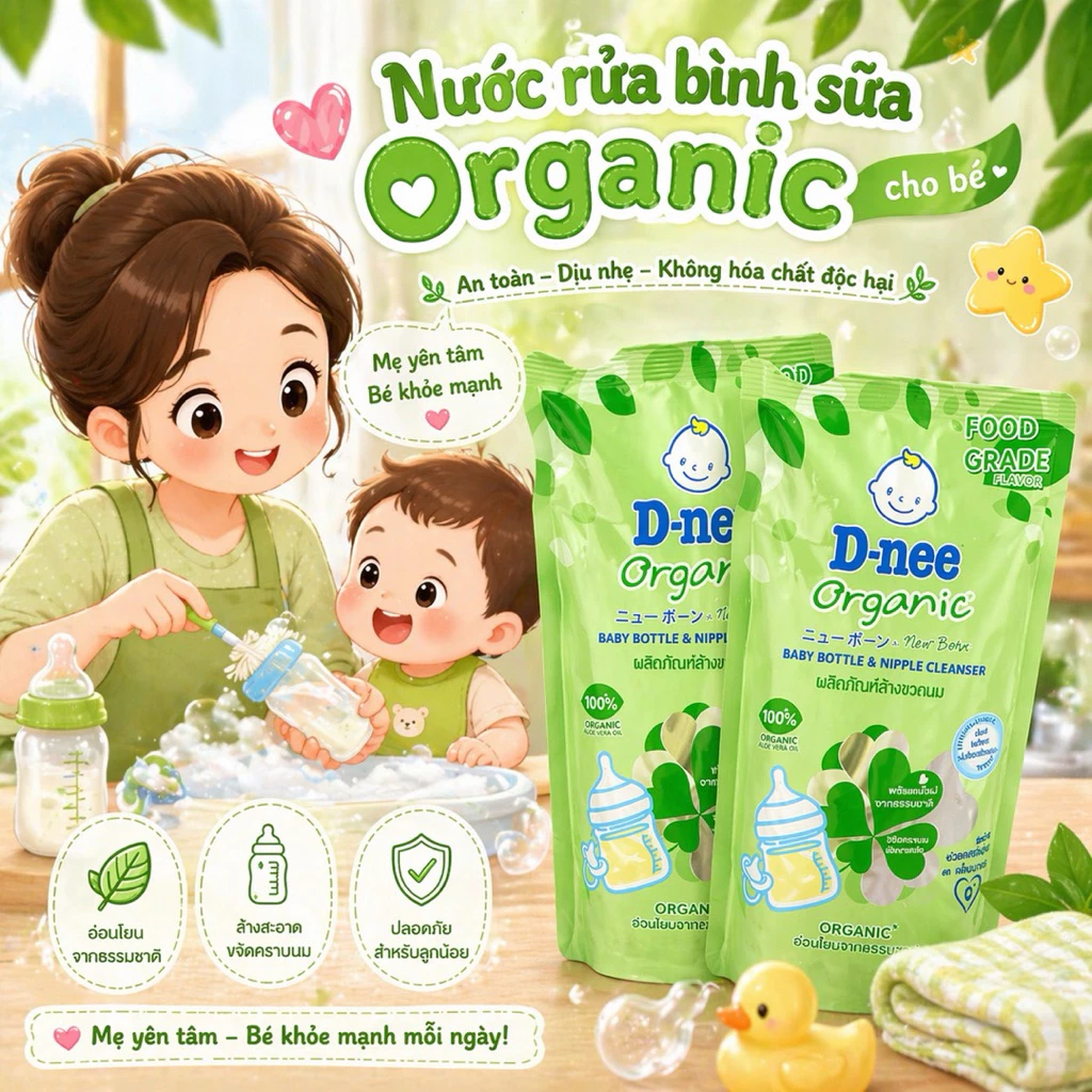 Nước rửa bình sữa ,rau củ cho bé Dnee Organic túi 550ml đang được đối chiếu cho người mua tại Việt Nam