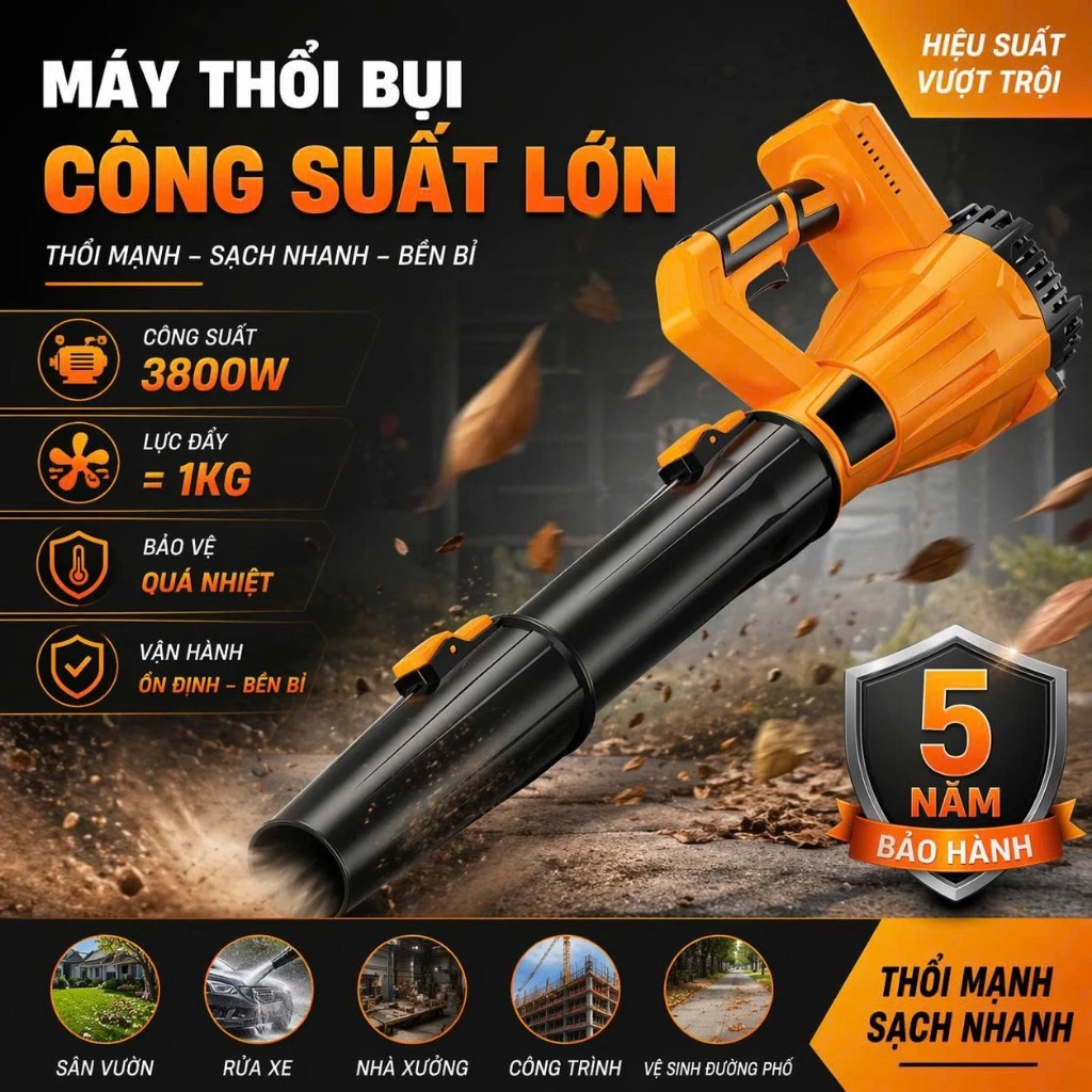 Máy Thổi Phản Lực Không Dây Công Suất Lớn 3800W, Máy Thổi Bụi Cầm Tay Động Cơ Lõi Đồng Thổi Bụi Lá Cây Cực Nhanh