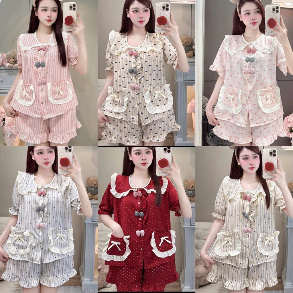 (DEAL MỞ BÁN) Set bộ Pijama đồ ngủ nữ ngắn tay tiểu thư cổ bèo 3 nơ chất Đũi vân mây mềm mát nhiều hoạ tiết dễ thương
