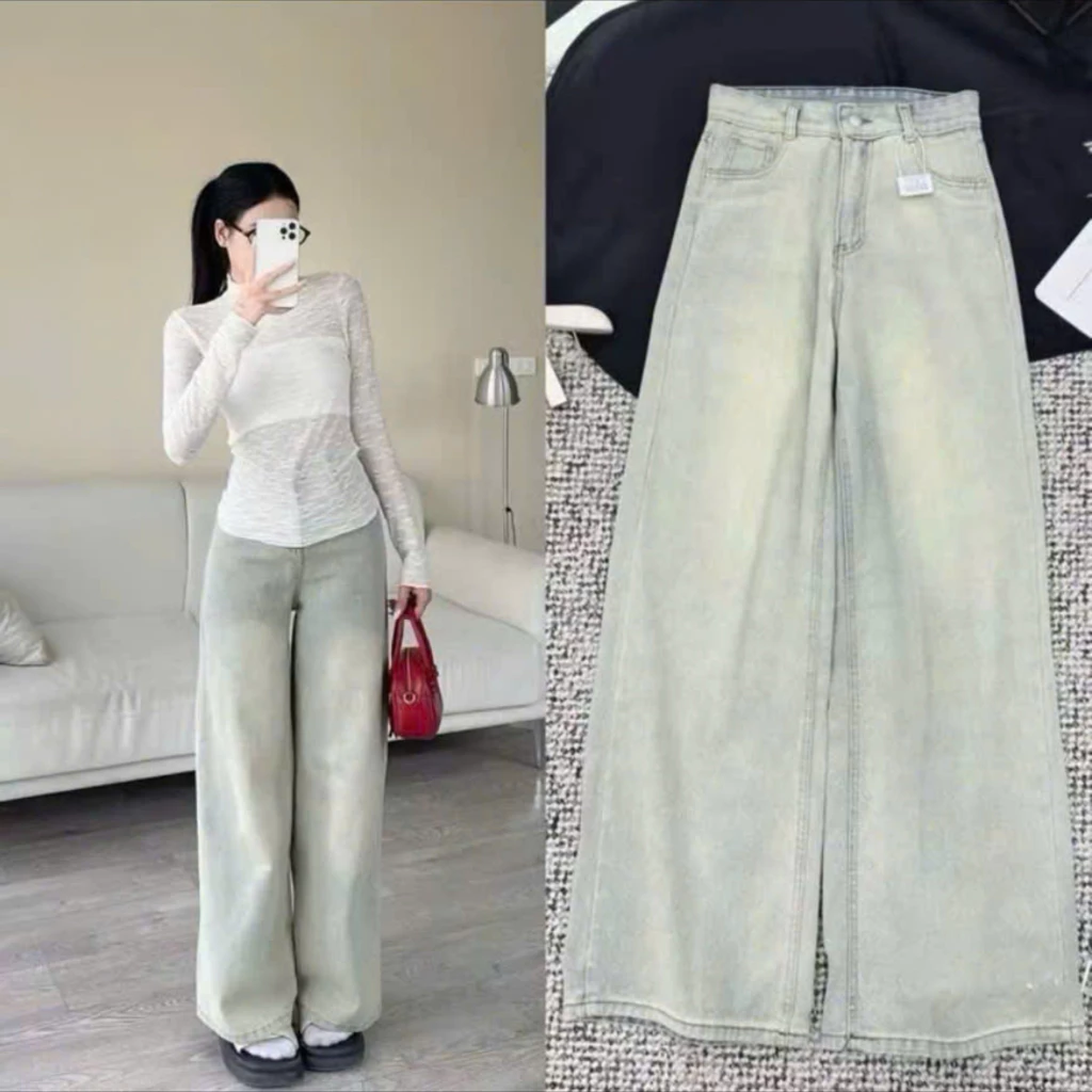 Quần jeans ống suông lưng cao màu xanh bạc phủ bụi quần bò nữ ống rộng chất vải mềm mại không nhắn hottrend