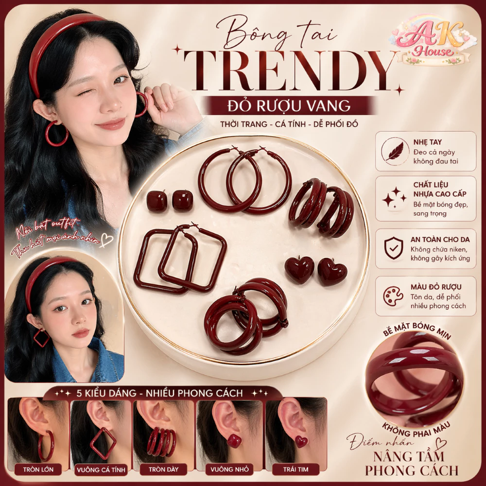 Bông Tai Trendy Đỏ Rượu Vang Hàn Quốc – Khuyên Tai Nữ Cá Tính, Nhẹ Tai, Dễ Phối Đồ