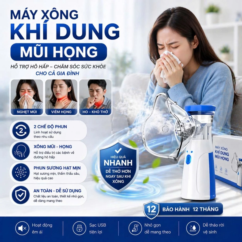 Máy xông khí dung mũi họng cho bé và người lớn, Máy xông mũi họng cầm tay đa năng giúp vệ sinh mũi họng cho bé tại nhà