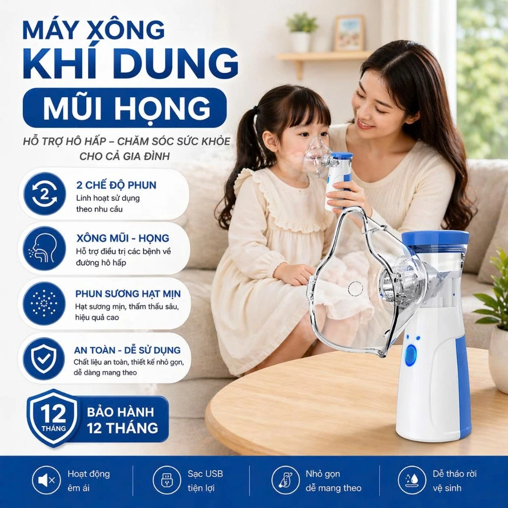 Máy xông khí xông cầm tay dùng cho người lớn và trẻ em, Máy xông mũi họng đa năng giúp vệ sinh mũi họng tại nhà