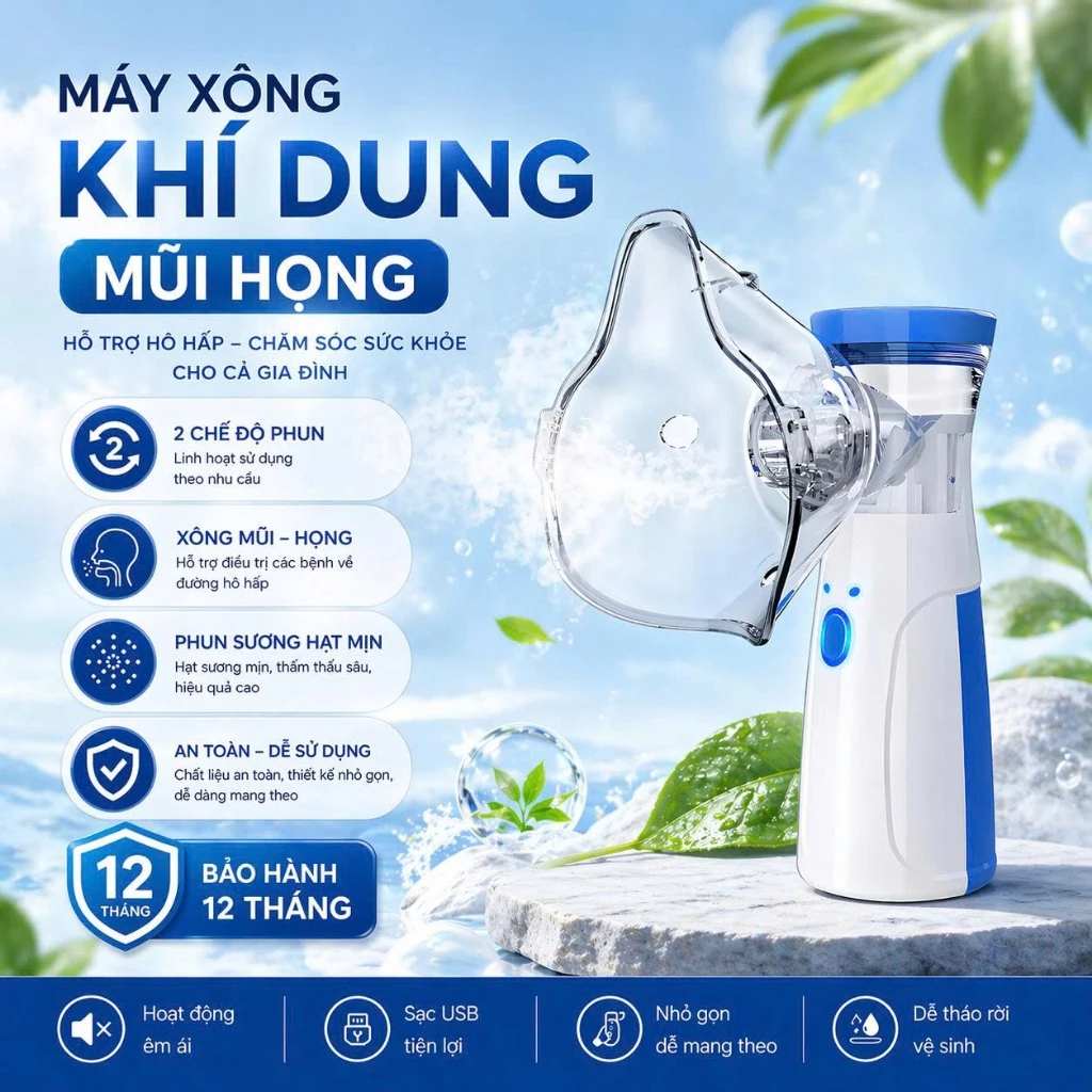 Máy xông khí dung mini cầm tay cho người lớn và trẻ em, Máy xông mũi họng đa năng giúp vệ sinh mũi họng tại nhà