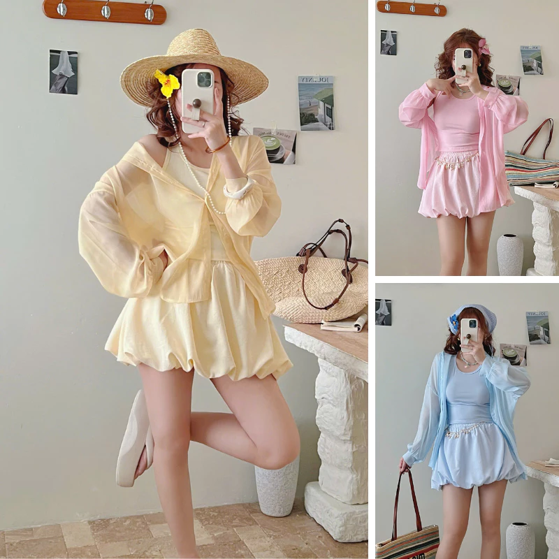 Set áo sơ mi voan khoác ngoài đi biển nhiều màu voan tơ trong suốt kèm chân váy bí tặng kèm áo ba lỗ dễ phối năng động