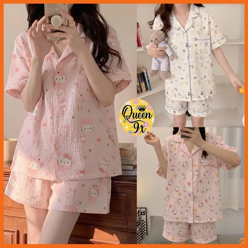 Bộ Pijama, Đồ Bộ Mặc Nhà Nữ Dáng Cộc dễ thương kity và gấu vàng chất đẹp freesize 40-55kg