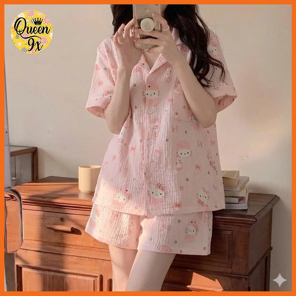 Bộ Pijama, Đồ Bộ Mặc Nhà Nữ Dáng Cộc dễ thương kity cute hồng freesize 40-55kg