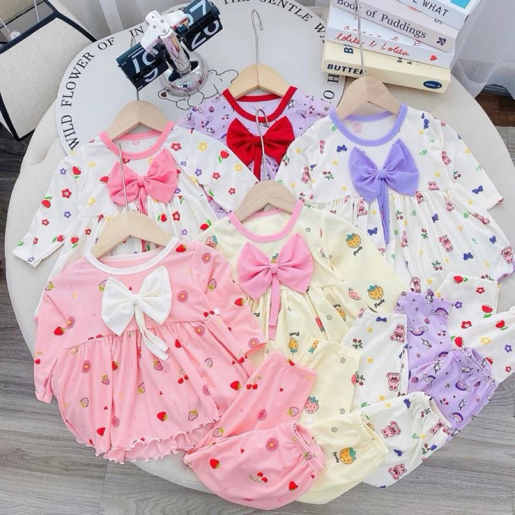 Combo 3 bộ - 5 bộ đồ dài tay dáng váy babydol dễ thương cho bé gái 5-16kg chất tăm lạnh mềm mát