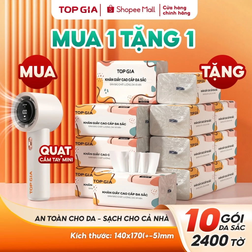 [MUA 1 TẶNG 1] Quạt cầm tay mini TopGia tặng 10 gói giấy ăn đa sắc 4 lớp dày dai thâm hút tốt