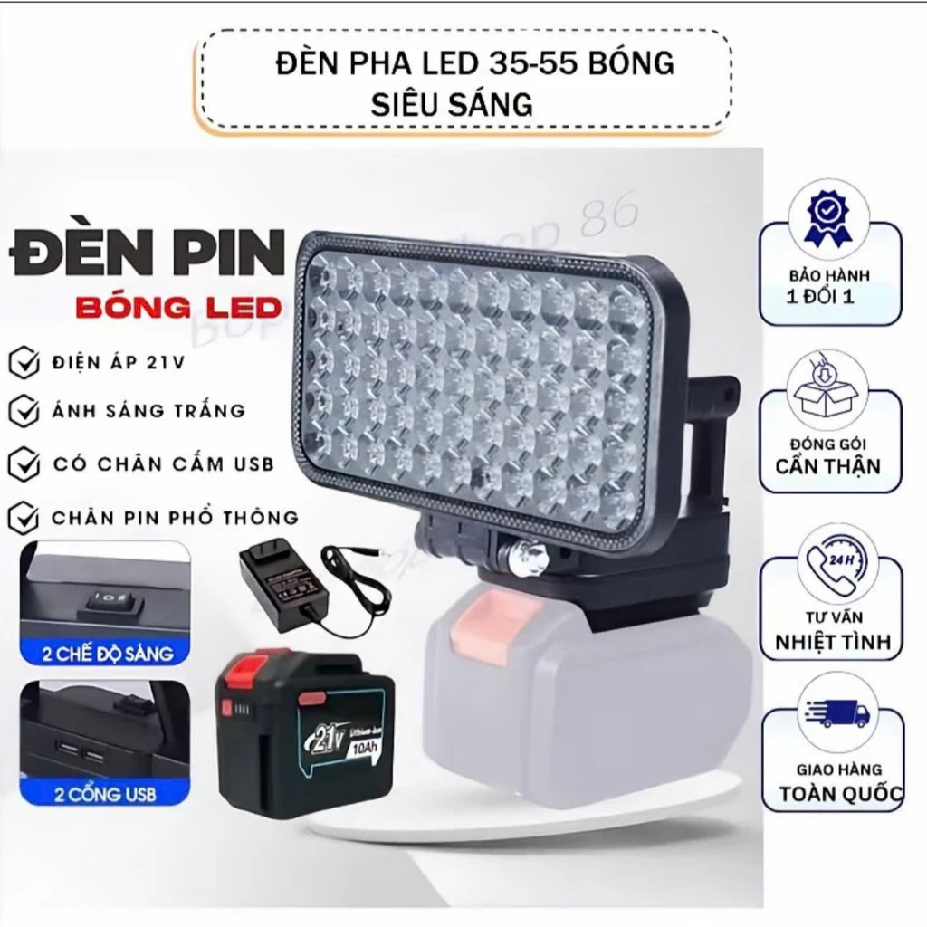 Đèn led 35 bóng cầm tay siêu sáng dùng pin chân phổ thông 4cm, sử dụng ban đêm- cắm trại, có cổng USB sạc điện thoại