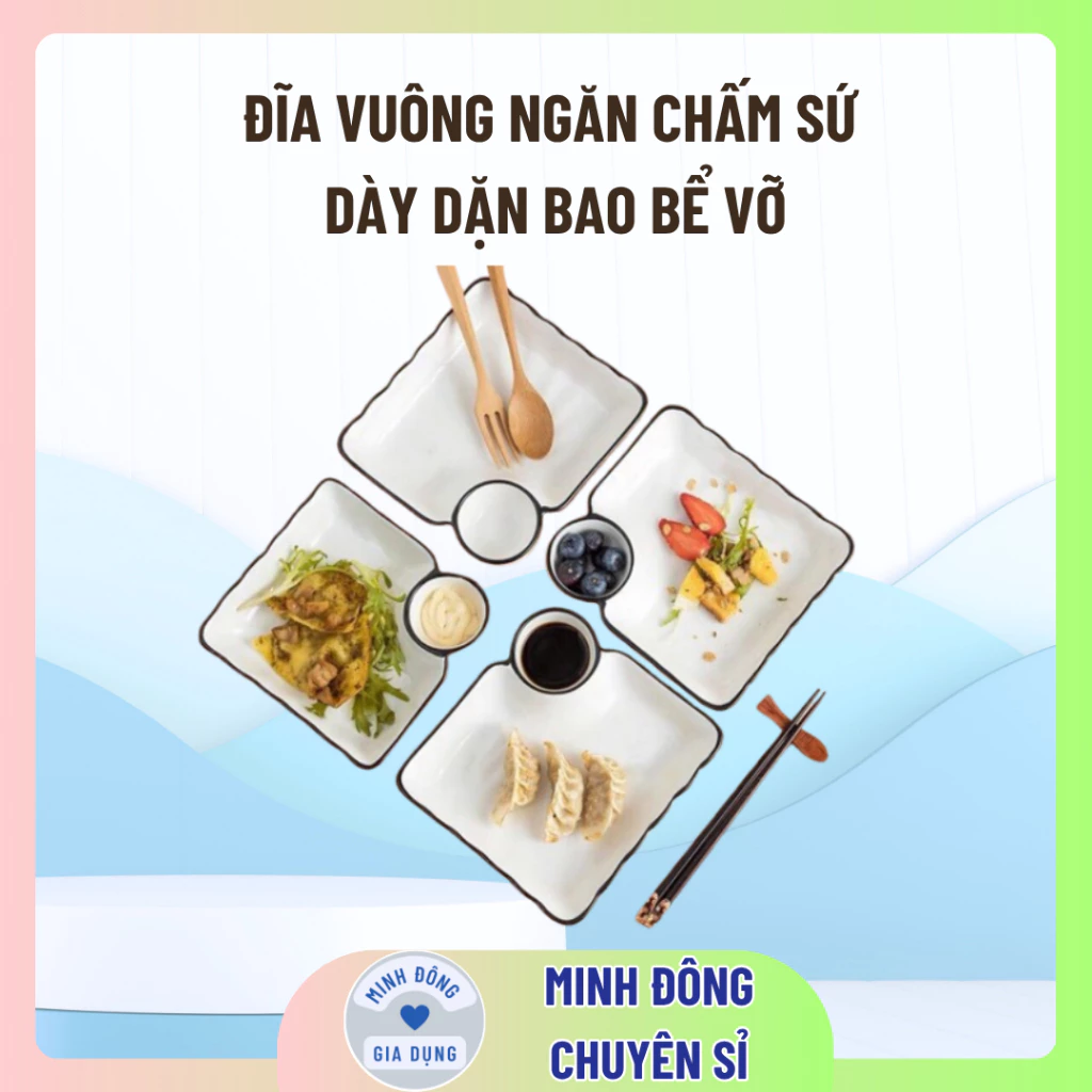 Đĩa vuông ngăn chấm sứ trắng viền đen và nhiều mẫu chọn, Khay đựng đồ ăn có ngăn chấm