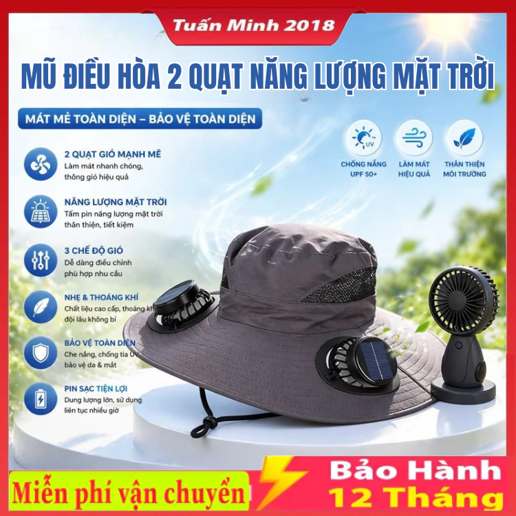 Mũ Vành Chống Nắng Kèm 2 Quạt, Mũ Chống Nắng Năng Lượng Mặt Trời Có Pin Lithium Chống Thấm Nước