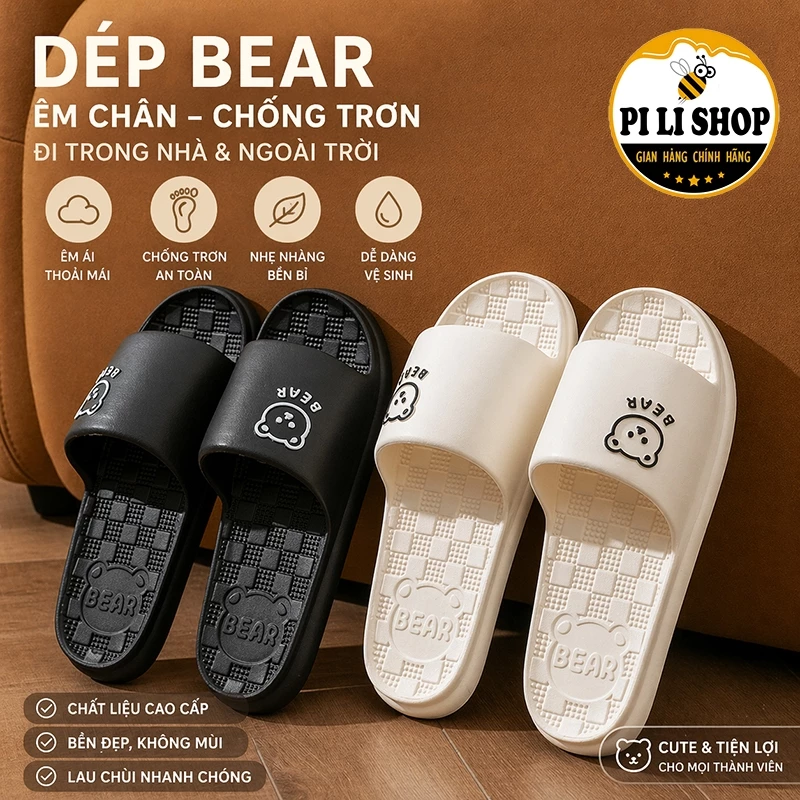 Dép Unisex Quai Ngang Họa Tiết Gấu Dễ Thương Nhiều Màu, Dép Bánh Mì Êm Chân Chống Trượt Đi Trong Nhà