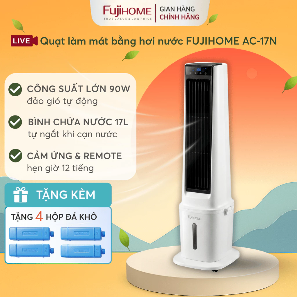 Quạt làm mát hơi nước 90W Nhập Khẩu FUJIHOME AC-17N, quạt điều hòa làm lạnh nhanh công suất lớn