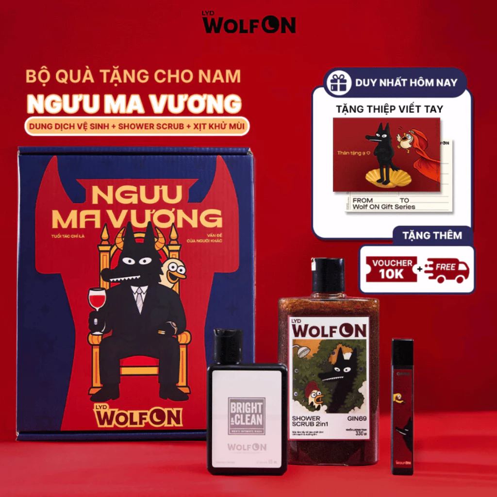 Set Quà Tặng Bạn Trai NGƯU MA VƯƠNG LYD Wolf ON - Sữa Tắm, Xịt Khử Mùi, Dung Dịch Vệ Sinh Nam